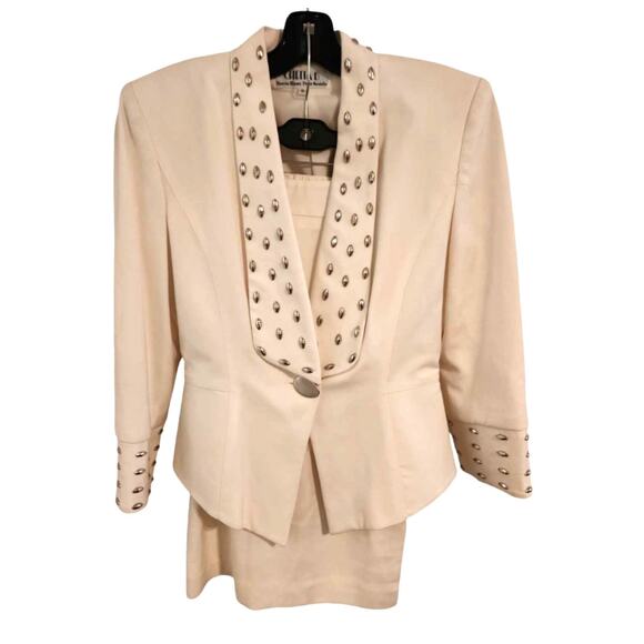 Vintage Chetta B Cream Skirt Suit Silver Grommet Trim Power Blazer & Skirt Sz 8 - Picture 4 of 8